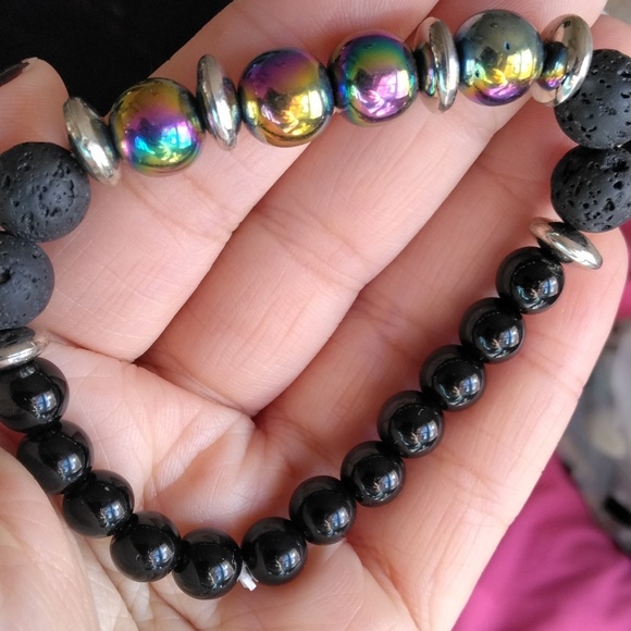 Amazing Rainbow Hematite, Lava Stone And Black Beaded Stretchy Bracelet - Picture 4 of 4
